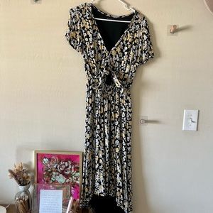 Yellow, Black, and White Floral MIDI Dress